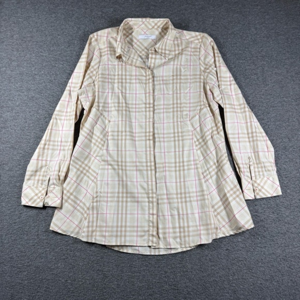Foxcroft‎ Button-Up Shirt Tunic Womens 14 Beige Plaid Long Sleeve Collared